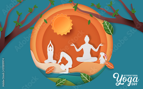 Illustration Of International Yoga Day. paper cut yoga body posture. Vector illustration