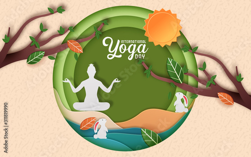 Illustration Of International Yoga Day. paper cut yoga body posture. Vector illustration