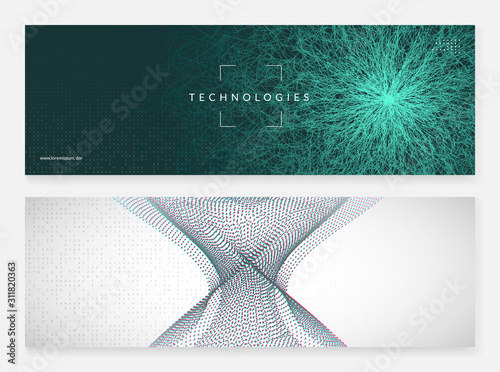 Big data learning. Digital technology abstract background. Artificial intelligence concept. Tech visual for wireless template. Wavy big data learning backdrop.