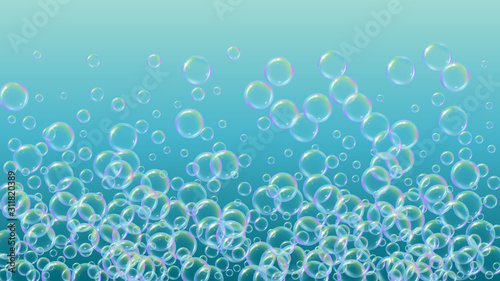 Swimming pool background with soap bubbles and foam. 3d vector illustration template. Trendy spray and splash. Realistic water frame and border. Blue colorful liquid swimming pool.