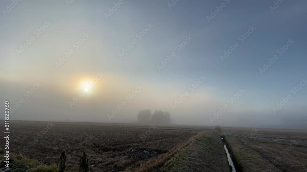 朝の太陽 幻想的な霧 田舎の田園風景 朝の太陽 幻想的な霧 田舎の田園風景