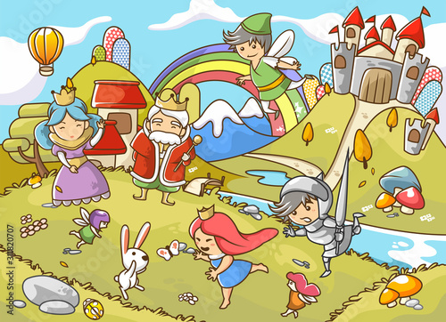 cartoon illustration of castle in fairytale with king, queen, knight, princess and fairy-vector