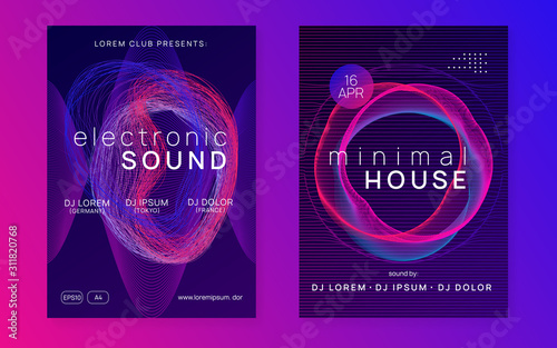 Electronic event. Dynamic fluid shape and line. Creative show invitation set. Neon electronic event. Electro dance dj. Trance sound. Club fest poster. Techno music party flyer.
