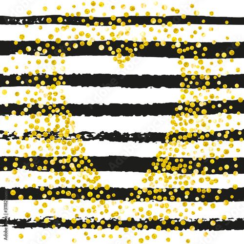Gold glitter confetti with dots on black stripes. Falling sequins with shimmer and sparkles. Template with gold glitter confetti for party invitation, event banner, flyer, birthday card.