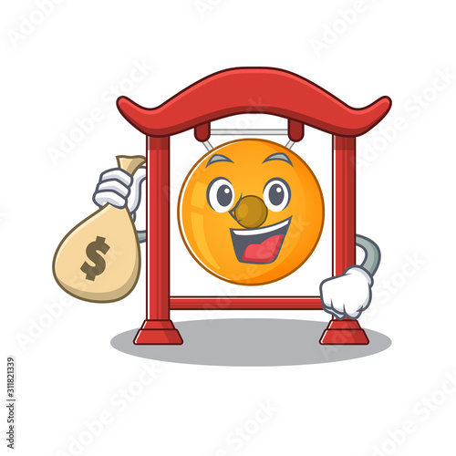 Smiley chinese gong Scroll cartoon character with money bag