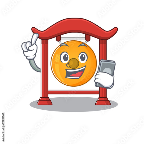 cartoon character of chinese gong Scroll speaking with phone