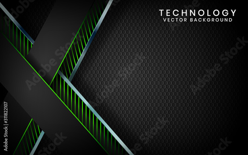 Abstract 3D black technology background overlap layers on dark space with green light effect decoration. Modern graphic design template elements for poster, flyer, brochure, or banner