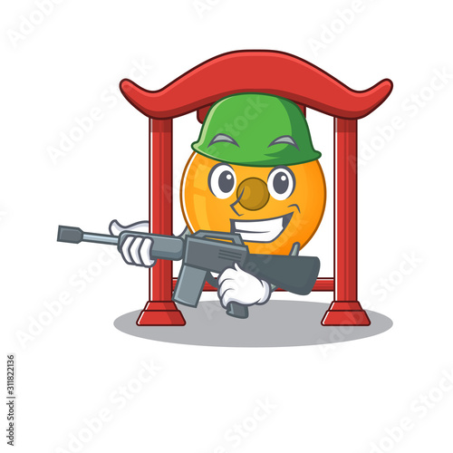 A mascot of chinese gong Scroll Army with machine gun