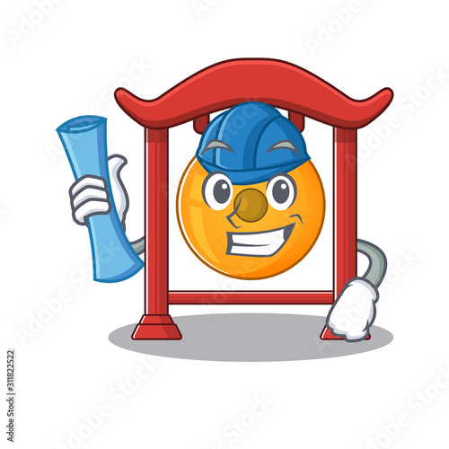 Cheerful Architect chinese gong Scroll with blue prints and blue helmet