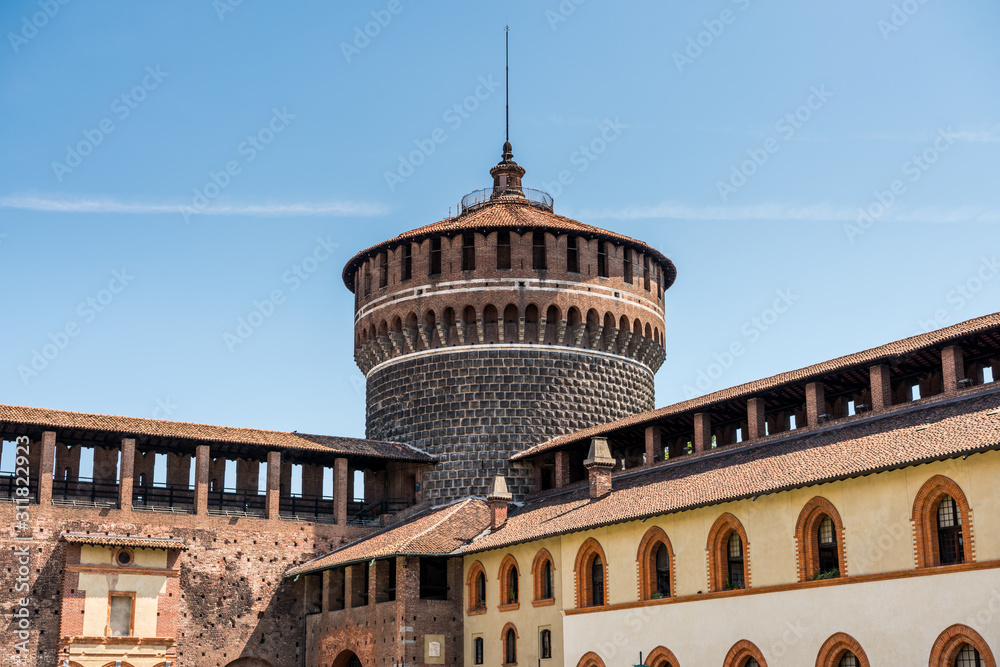 Tower of Sforza Castle (Castello Sforzesco), built in the 15th century by Francesco Sforza, Duke of Milan, on the remnants of a 14th-century fortification.