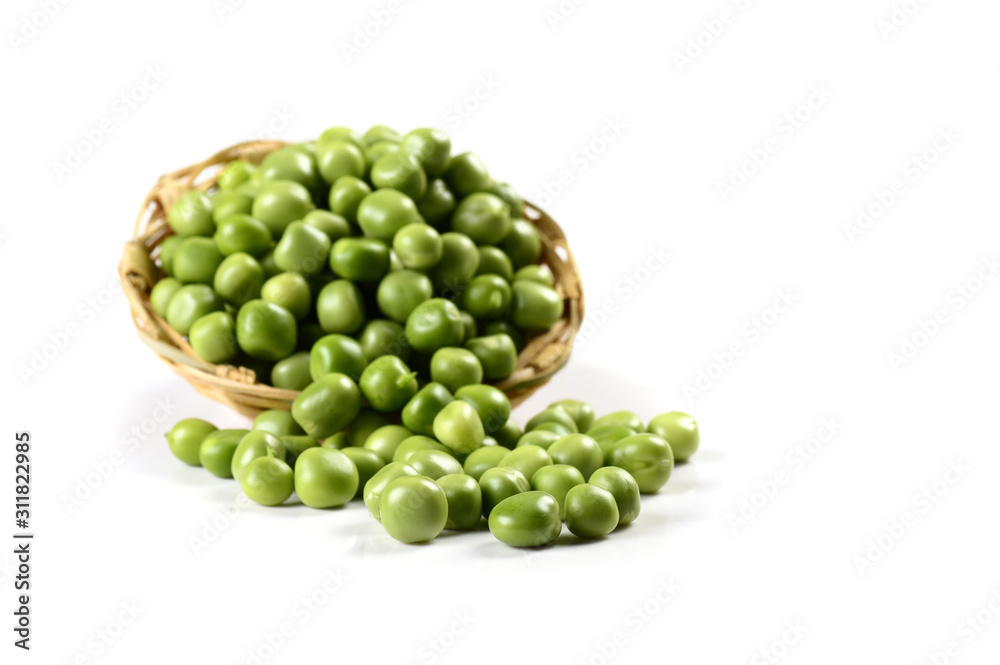 Fresh Green Peas in basket on white background Fresh Green Peas in basket on white background