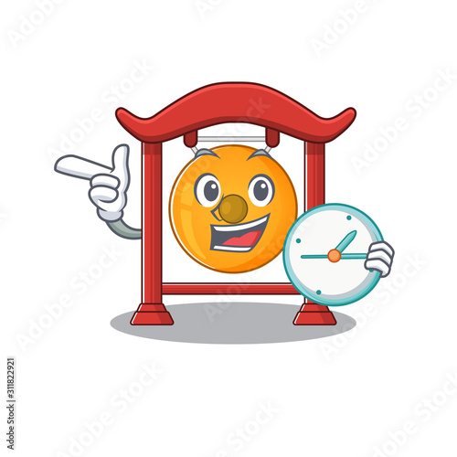 smiling chinese gong Scroll cartoon character style with clock