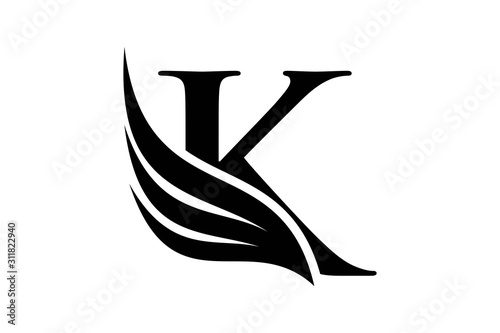 Initial letter K logo and wings symbol. Wings design element,  initial Letter K logo Icon, Initial Logo Template