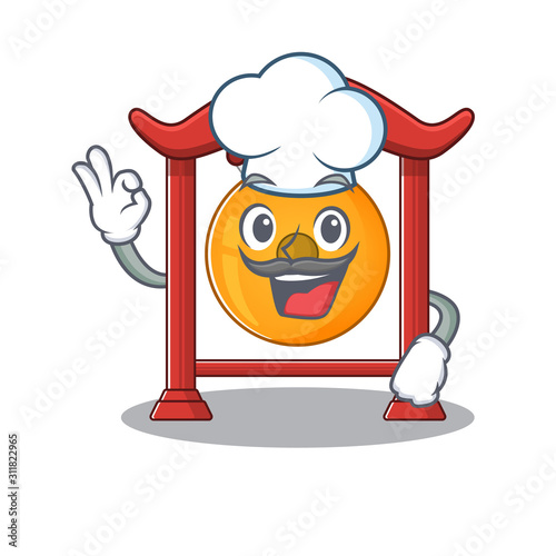 Funny Chef chinese gong Scroll cartoon character wearing white hat