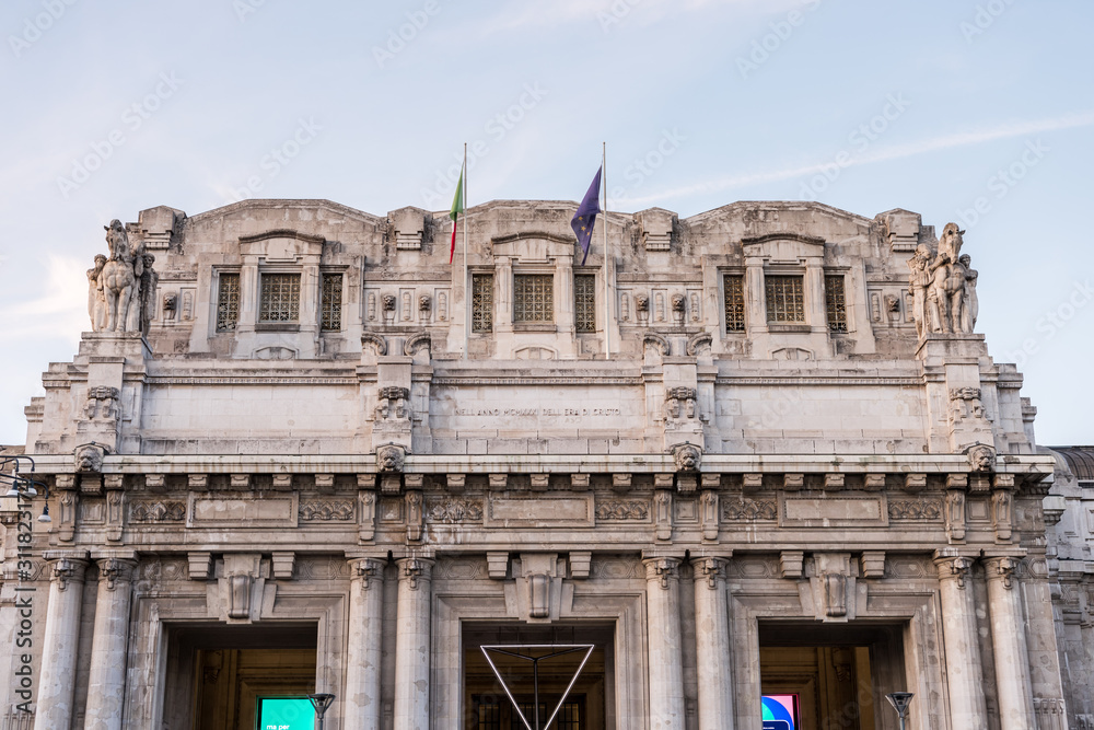 Main building of  main railway station of the city of Milan in Italy
