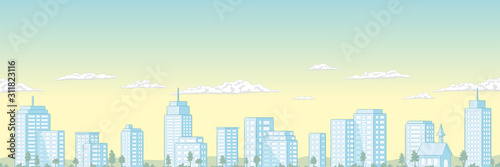 Summer cityscape panorama. Hand draw vector illustration with separate layers.
