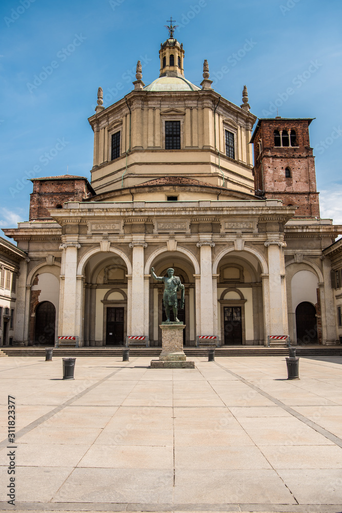 Basilica of San Lorenzo, Milan,  originally built in Roman times and subsequently rebuilt several times, close to the mediaeval Ticino gate.