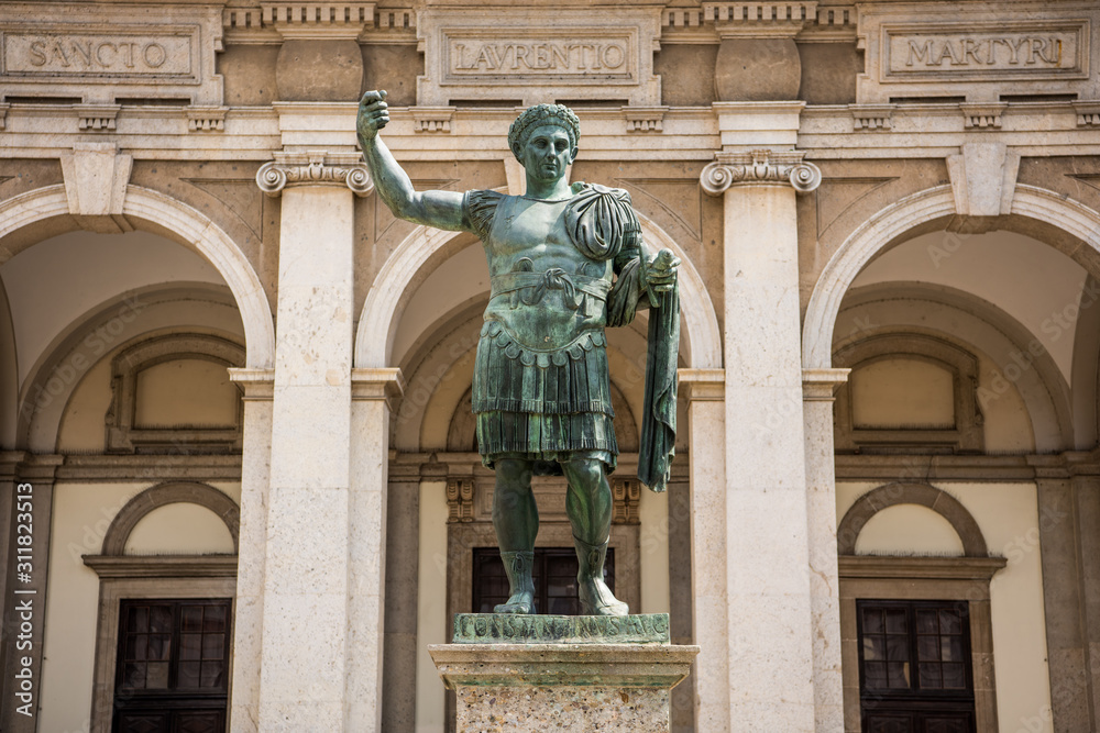 Monument To Roman Emperor Constantine I, in front of San Lorenzo Maggiore basilica in downtown of Milan, Italy