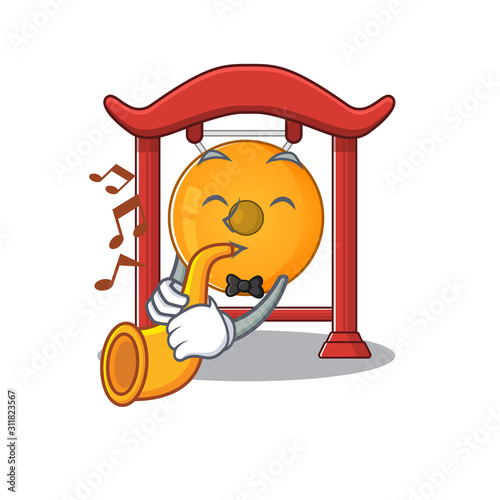 Chinese gong Scroll cartoon character design performance with trumpet