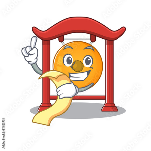 Chinese gong Scroll cartoon character holding menu ready to serve