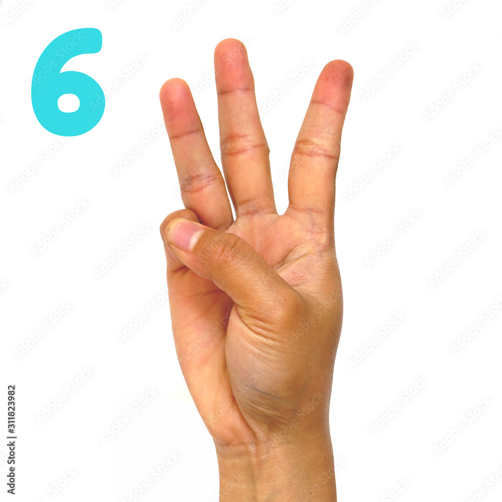 Sign language number 6 for the deaf fingerspelling in american sign