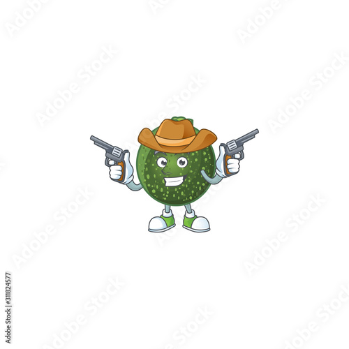 Smiling gem squash mascot icon as a Cowboy holding guns