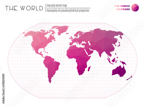 Low poly design of the world. Kavrayskiy VII pseudocylindrical projection of the world. Red Purple colored polygons. Energetic vector illustration.