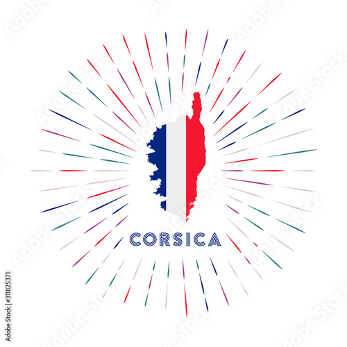 Corsica sunburst badge. The island sign with map of Corsica with French flag. Colorful rays around the logo. Vector illustration.