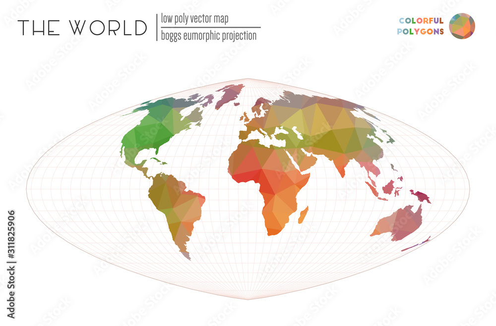 Vector map of the world. Boggs eumorphic projection of the world. Colorful colored polygons. Trending vector illustration.