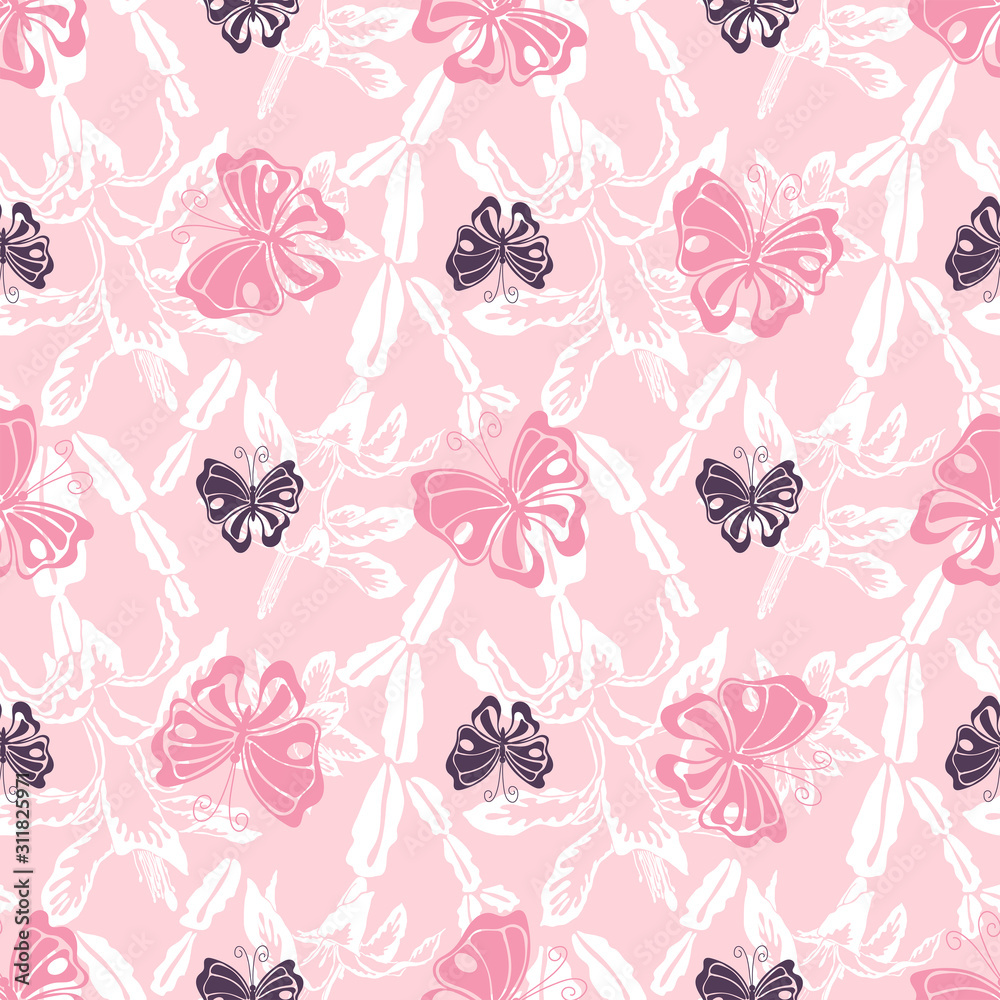 Pink butterfly white blooming cactus seamless pattern