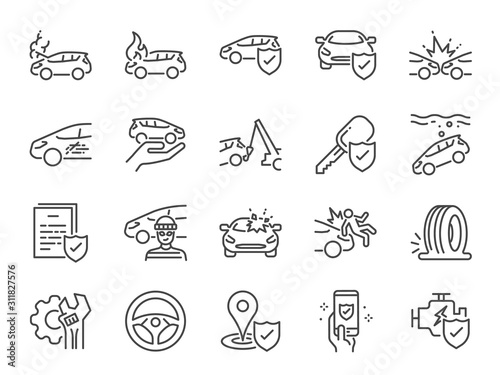 Car insurance icon set. Included icons as emergency  risk management  protection  accident  Side Collision  Front Collision  Broken Car and more.