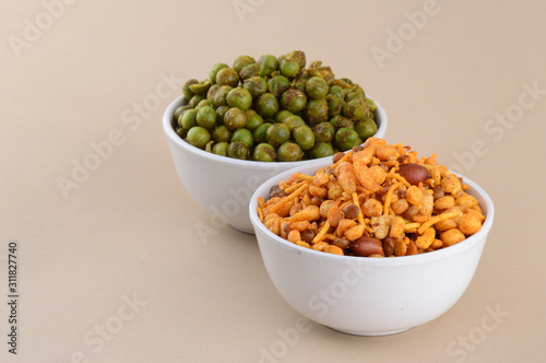 Indian Snacks : Mixture and Spiced fried green peas photo