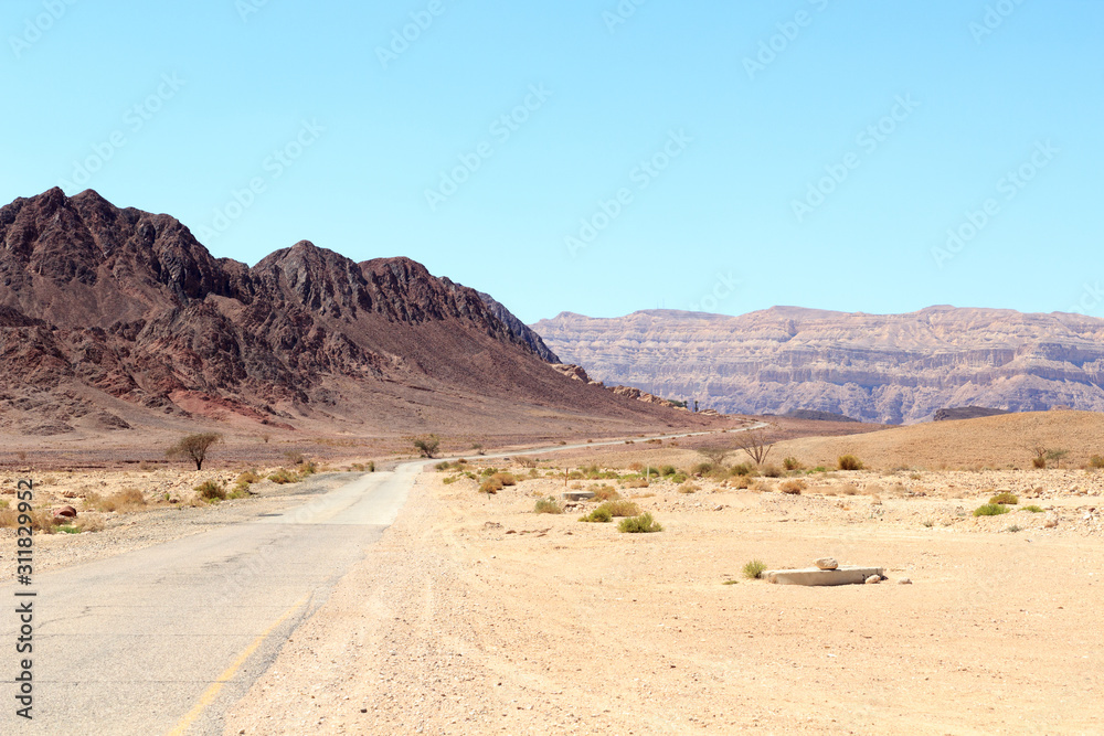 Mountain panorama with road to Timna Valley Park in Negev Desert near Eilat, Israel