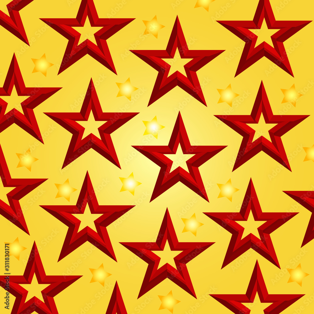 Red volumetric stars on a yellow background. Abstract vector background. Red volumetric stars on a yellow background. Abstract vector background.