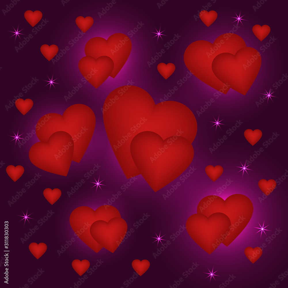 Red voluminous hearts on a purple background with twinkling stars. To the feast of St. Valentine.