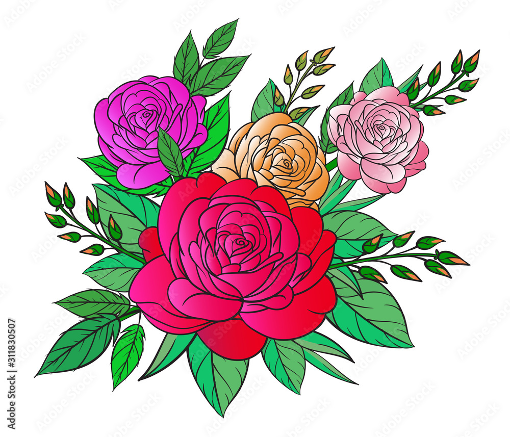 Art of nature, A bouquet of colorful roses on a white background. hand drawn style vector design illustrations. Art of nature, A bouquet of colorful roses on a white background. hand drawn style vector design illustrations.