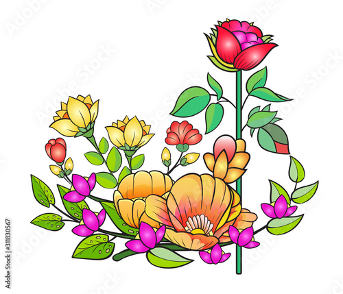 Art of nature, A bouquet of colorful flowers on a white background. hand drawn style vector design illustrations.