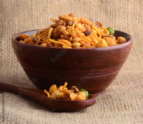 Indian Snacks : Mixture (roasted nuts with salt pepper, Spice, pulses, green peas) photo