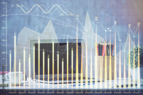 Financial chart drawing and table with computer on background. Double exposure. Concept of international markets. © peshkova