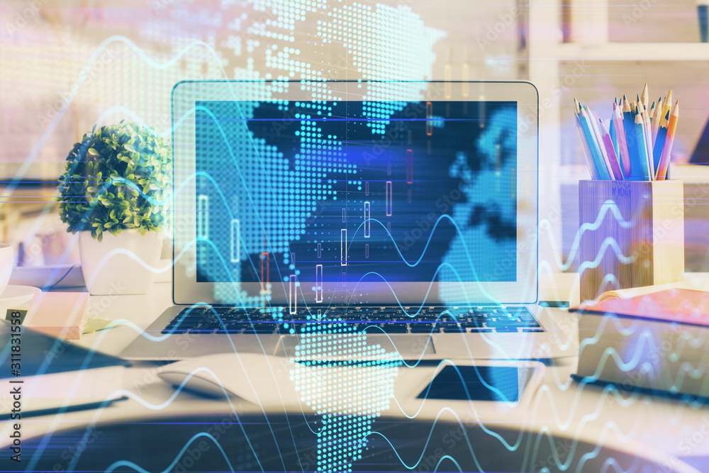 Financial market graph hologram and personal computer on background. Multi exposure. Concept of forex. Financial market graph hologram and personal computer on background. Multi exposure. Concept of forex.