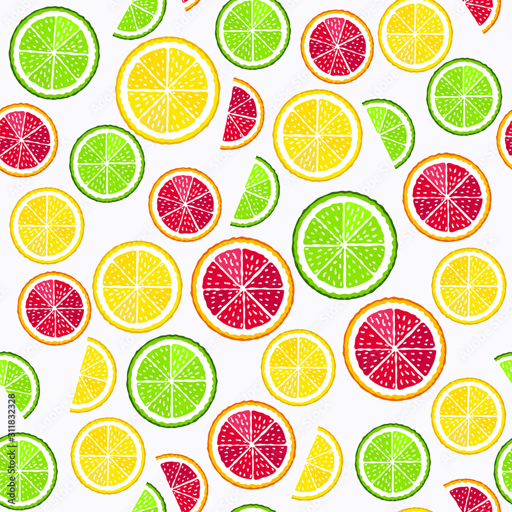 Fototapeta premium Lime and orange slices on the white seamless pattern