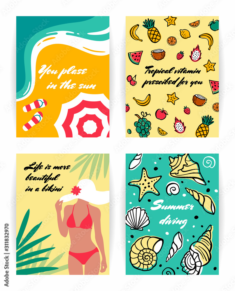 Summer set of cards with text. Sea holidays and travel illustrations in doodle style. Beach vacation in a tropical paradise.