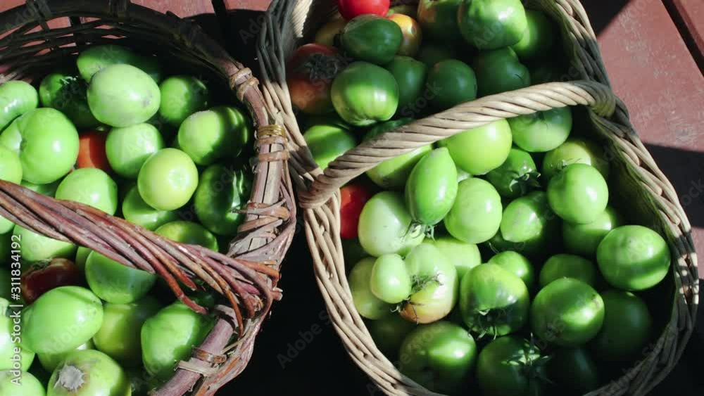Dolly shot a top view close-up of freshly picked green and red tomatoes in wooden brown baskets. Products on the market. The concept of the fall harvest Dolly shot a top view close-up of freshly picked green and red tomatoes in wooden brown baskets. Products on the market. The concept of the fall harvest