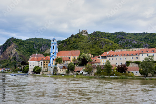 View of Durstein blue church and castle from the Danube River