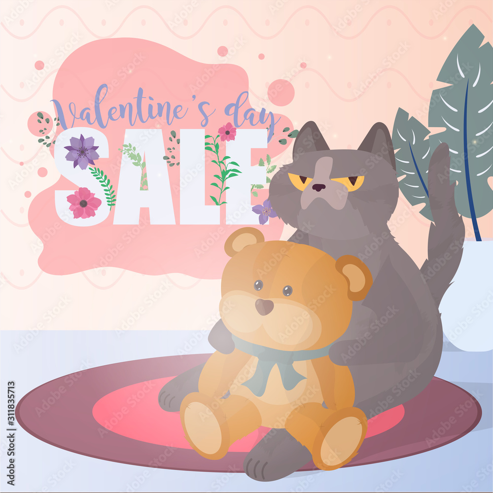Valentine's day sale. Valentine's Day celebration. Flower font. Funny cat and teddy bear. A plush toy with a basket of flowers. Concept for the day of lovers. Valentine's day sale. Valentine's Day celebration. Flower font. Funny cat and teddy bear. A plush toy with a basket of flowers. Concept for the day of lovers.