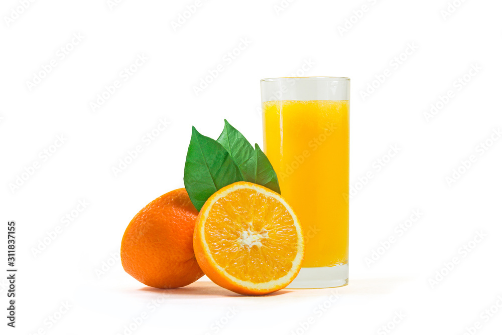 A cup of orange juice and cut orange on white background. A cup of orange juice and cut orange on white background.