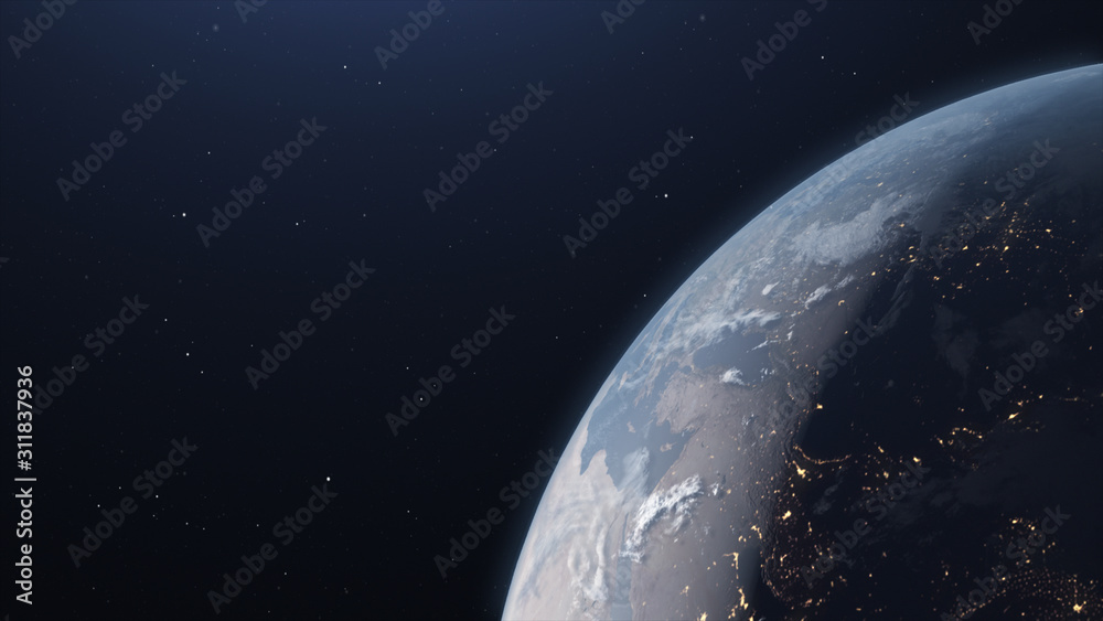 3d rendering of planet Earth from space. Half in shadow half in light. Elements of this image by Nasa.