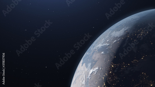 3d rendering of planet Earth from space. Half in shadow half in light. Elements of this image by Nasa.