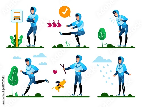 Young Man Daily Routines, Life Situations, Healthy Lifestyle Activities Trendy Flat Vector Concepts Set. Man in Sportswear Waiting Buss on Stop, Overcoming Fitness Trainings Difficulties Illustrations