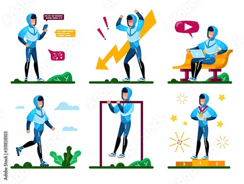 Young Male Student Daily Activities, Sportsman Routines Trendy Flat Vector Concepts Set. Man in Sportswear Messaging with Cellphone, Using Laptop, Training Outdoors, Winning Competition Illustrations